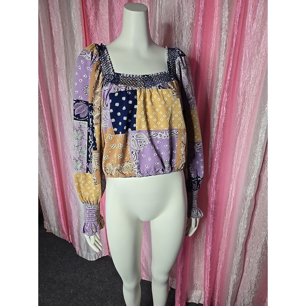 Wrangler Western Patchwork Bell Sleeves Boho Crop Top Size Medium - Picture 8 of 13
